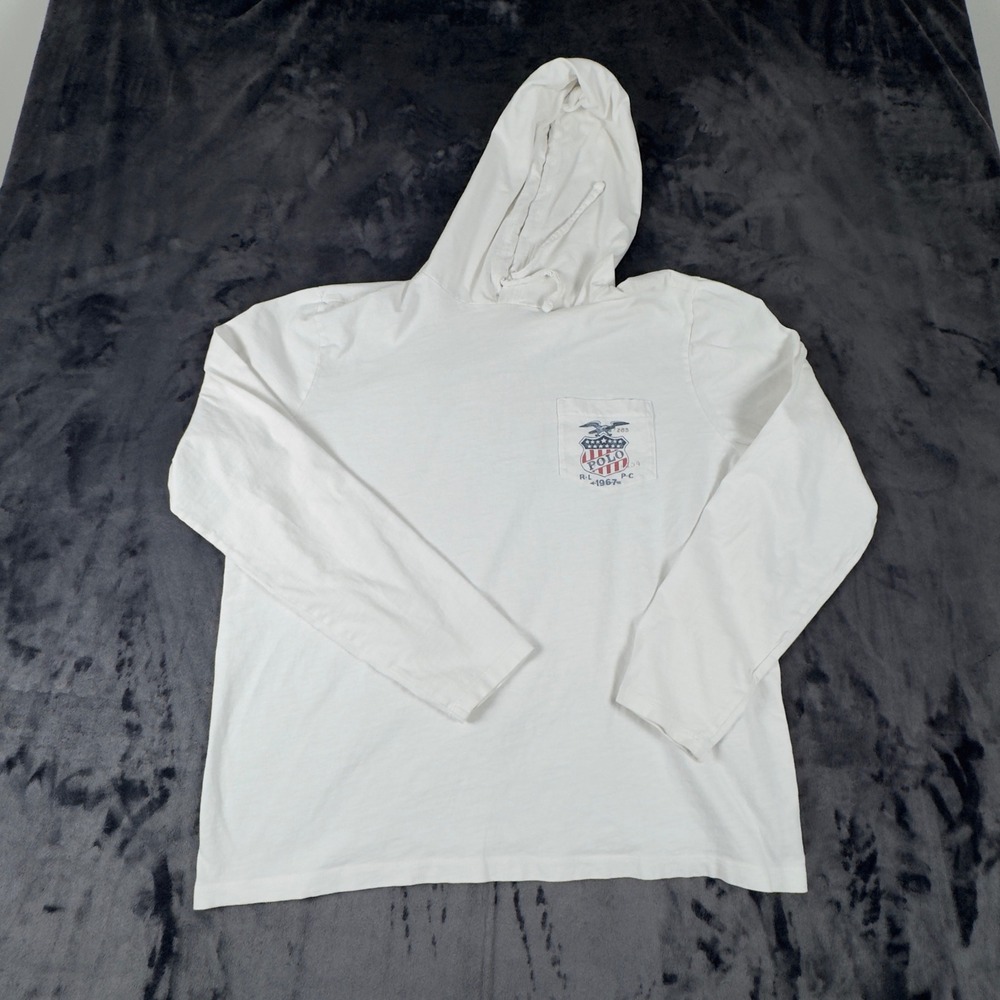 Polo Ralph Lauren Hooded T-Shirt Mens Large White Graphic Eagle Flag